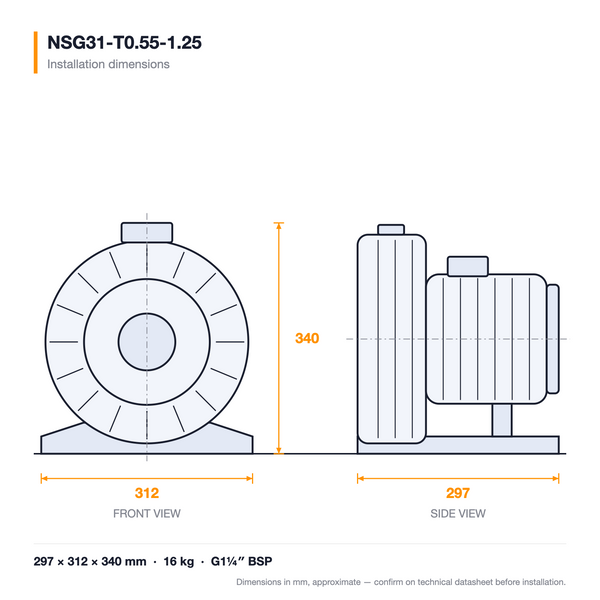 NSG31-T0.55-1.25 dimensioned drawing — front and side views with installation dimensions