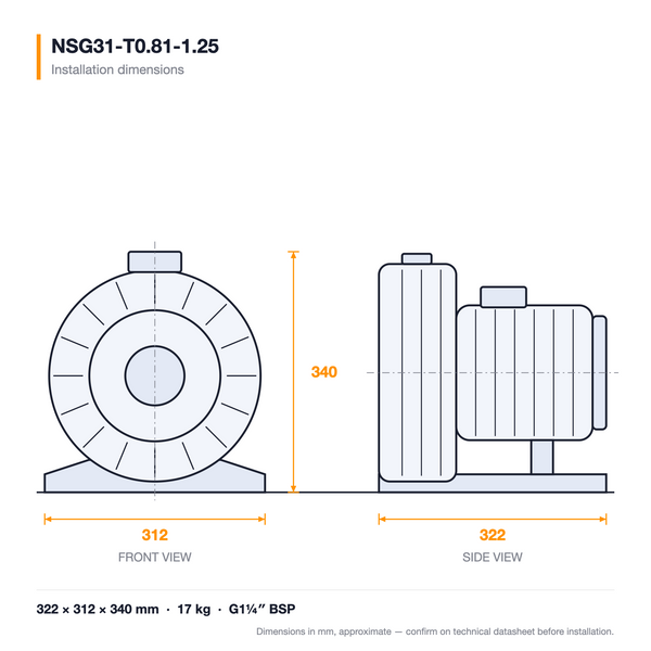 NSG31-T0.81-1.25 dimensioned drawing — front and side views with installation dimensions