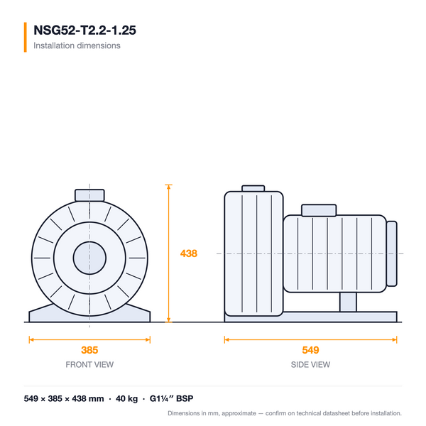 NSG52-T2.2-1.25 dimensioned drawing — front and side views with installation dimensions