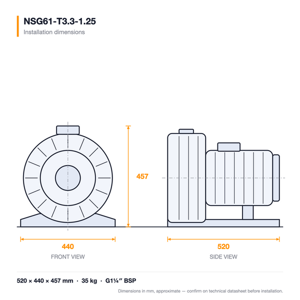 NSG61-T3.3-1.25 dimensioned drawing — front and side views with installation dimensions