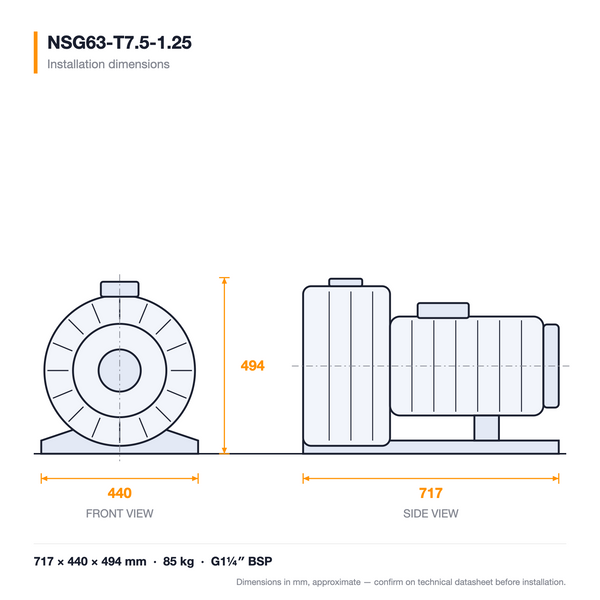 NSG63-T7.5-1.25 dimensioned drawing — front and side views with installation dimensions