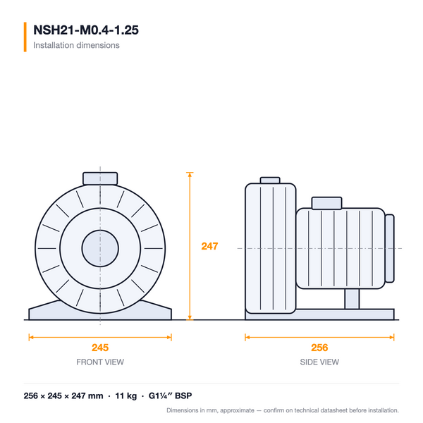 NSH21-M0.4-1.25 dimensioned drawing — front and side views with installation dimensions