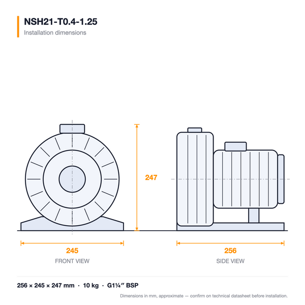 NSH21-T0.4-1.25 dimensioned drawing — front and side views with installation dimensions
