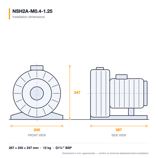 NSH2A-M0.4-1.25 dimensioned drawing — front and side views with installation dimensions
