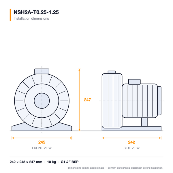 NSH2A-T0.25-1.25 dimensioned drawing — front and side views with installation dimensions
