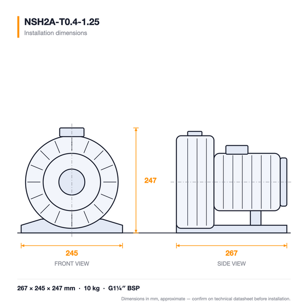 NSH2A-T0.4-1.25 dimensioned drawing — front and side views with installation dimensions