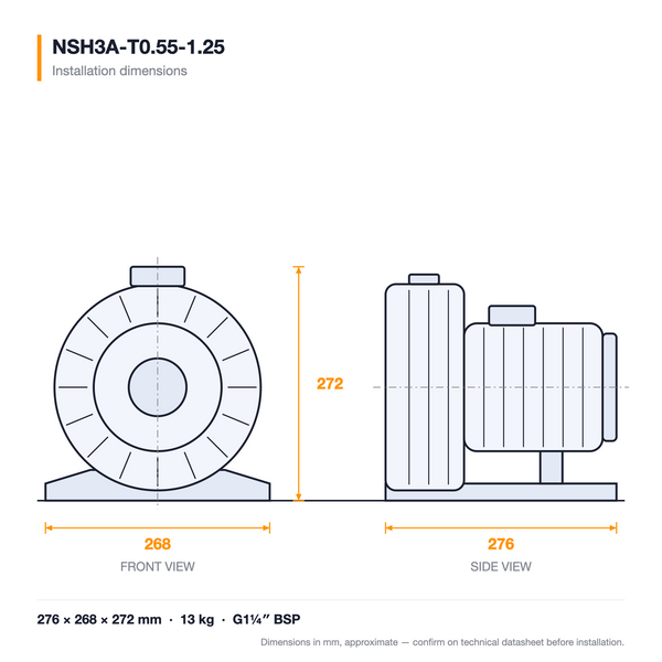 NSH3A-T0.55-1.25 dimensioned drawing — front and side views with installation dimensions