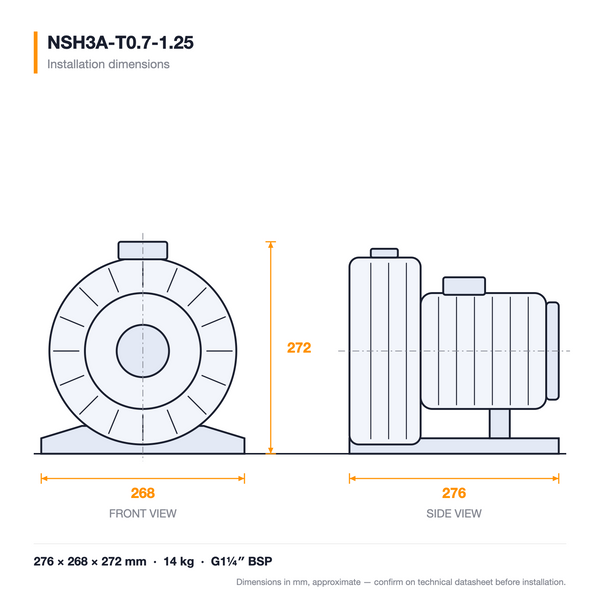 NSH3A-T0.7-1.25 dimensioned drawing — front and side views with installation dimensions