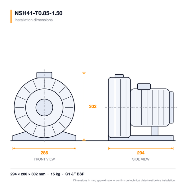 NSH41-T0.85-1.50 dimensioned drawing — front and side views with installation dimensions