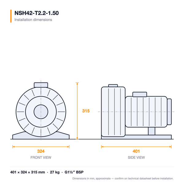 NSH42-T2.2-1.50 dimensioned drawing — front and side views with installation dimensions