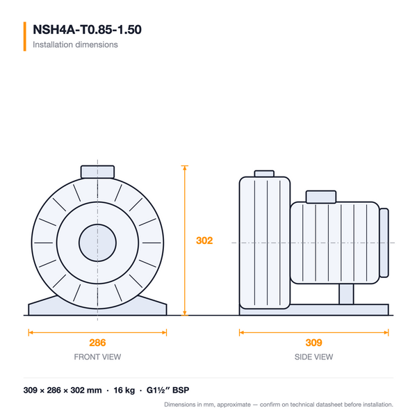 NSH4A-T0.85-1.50 dimensioned drawing — front and side views with installation dimensions