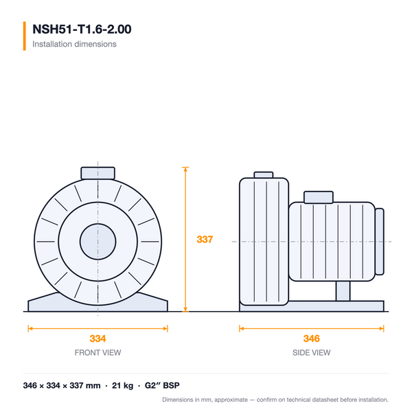 NSH51-T1.6-2.00 dimensioned drawing — front and side views with installation dimensions