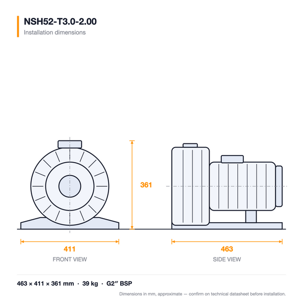 NSH52-T3.0-2.00 dimensioned drawing — front and side views with installation dimensions