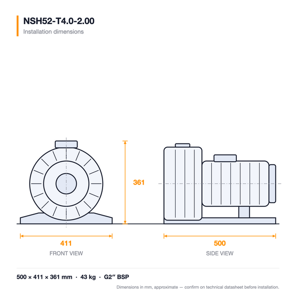 NSH52-T4.0-2.00 dimensioned drawing — front and side views with installation dimensions