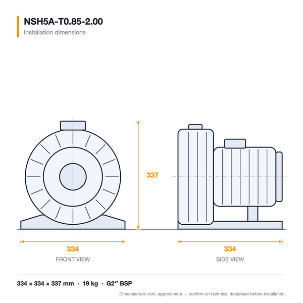 NSH5A-T0.85-2.00 dimensioned drawing — front and side views with installation dimensions