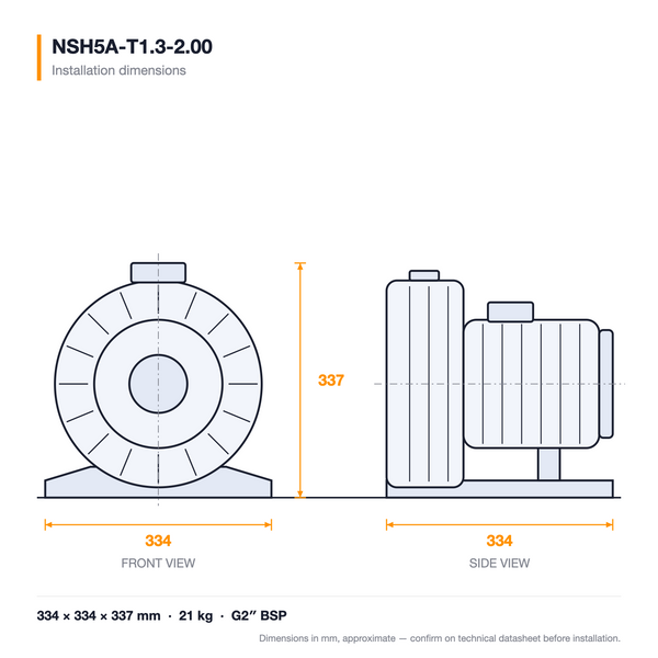 NSH5A-T1.3-2.00 dimensioned drawing — front and side views with installation dimensions