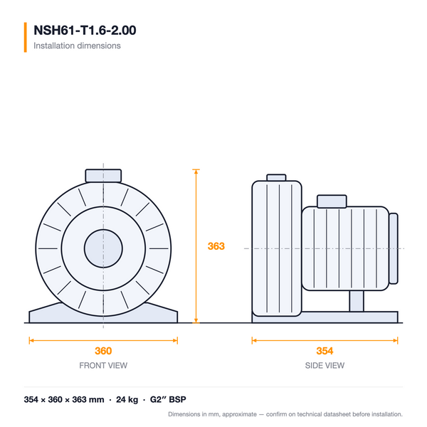 NSH61-T1.6-2.00 dimensioned drawing — front and side views with installation dimensions