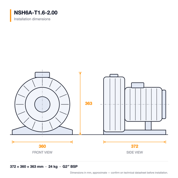 NSH6A-T1.6-2.00 dimensioned drawing — front and side views with installation dimensions
