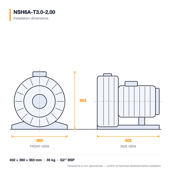 NSH6A-T3.0-2.00 dimensioned drawing — front and side views with installation dimensions