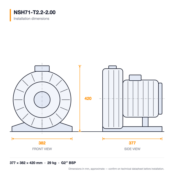 NSH71-T2.2-2.00 dimensioned drawing — front and side views with installation dimensions