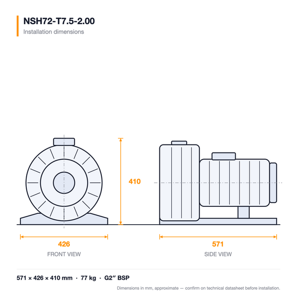 NSH72-T7.5-2.00 dimensioned drawing — front and side views with installation dimensions