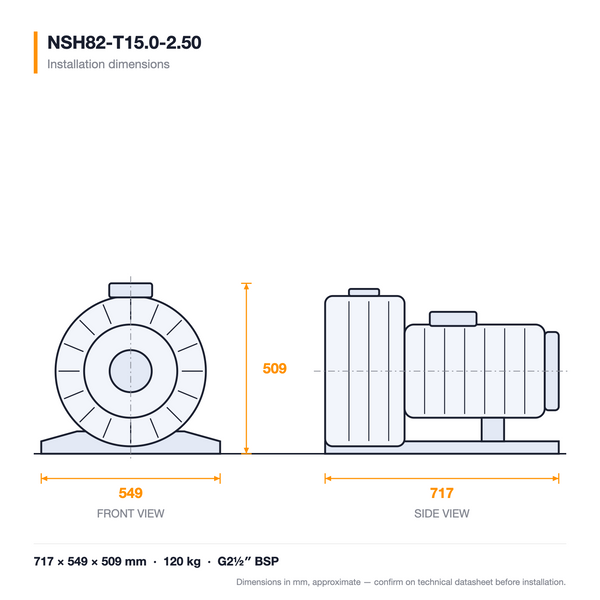 NSH82-T15.0-2.50 dimensioned drawing — front and side views with installation dimensions