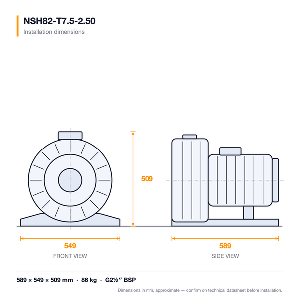 NSH82-T7.5-2.50 dimensioned drawing — front and side views with installation dimensions
