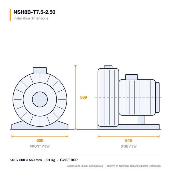 NSH8B-T7.5-2.50 dimensioned drawing — front and side views with installation dimensions