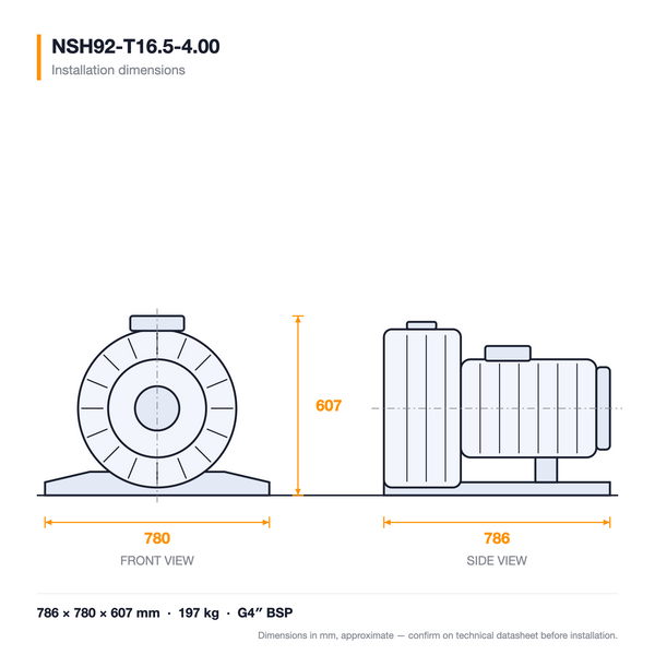 NSH92-T16.5-4.00 dimensioned drawing — front and side views with installation dimensions