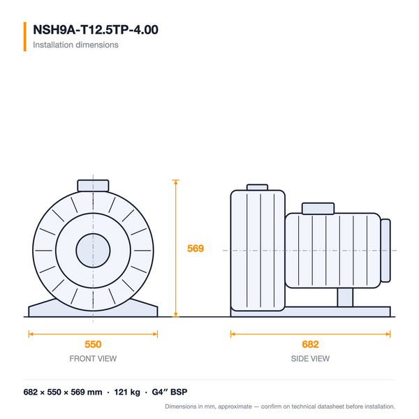 NSH9A-T12.5TP-4.00 dimensioned drawing — front and side views with installation dimensions