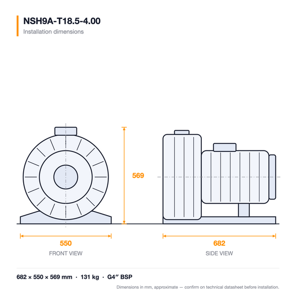 NSH9A-T18.5-4.00 dimensioned drawing — front and side views with installation dimensions