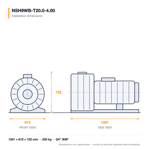NSH9WB-T20.0-4.00 dimensioned drawing — front and side views with installation dimensions